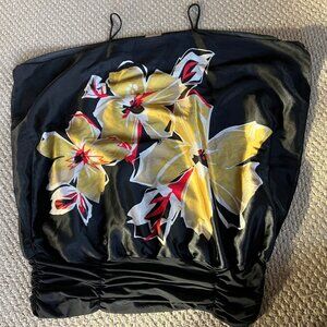 NWOT Janette Plus Black Satin Yellow Flower Top Flowy Spaghetti Strap XL